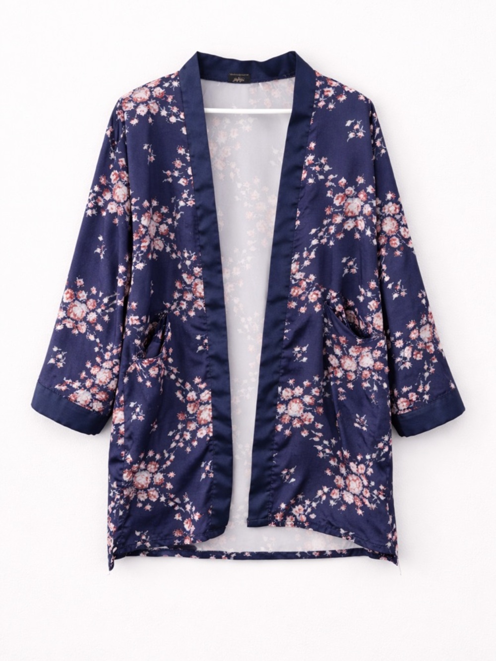 Morgan Lane Satin Floral Robe Navy Pink Kimono Sleepwear One Size